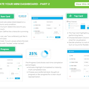 Peut inclure: Une infographie p&eacute;dagogique intitul&eacute;e UPDATE YOUR MINI DASHBOARD - PART 2, expliquant les fonctions Sum Card, Top Card et Progress. Elle comprend des captures d'&eacute;cran de fen&ecirc;tres de configuration, du texte &agrave; puces et un graphique en anneau &agrave; 25%.