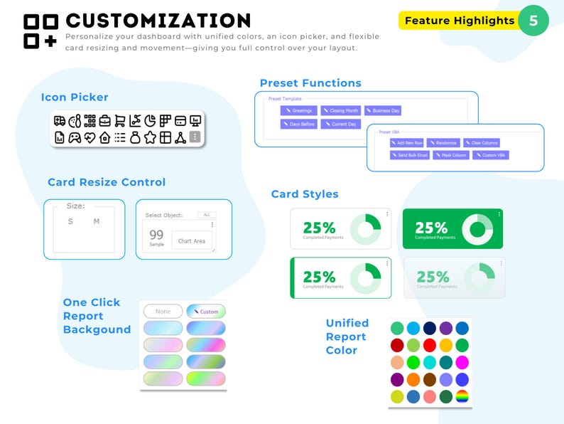 Peut inclure: Un guide de personnalisation d'interface num&eacute;rique pr&eacute;sentant un s&eacute;lecteur d'ic&ocirc;nes, des fonctions pr&eacute;d&eacute;finies, des contr&ocirc;les de taille de carte, des styles de carte avec graphiques de progression &agrave; 25% et des options de couleur de fond.