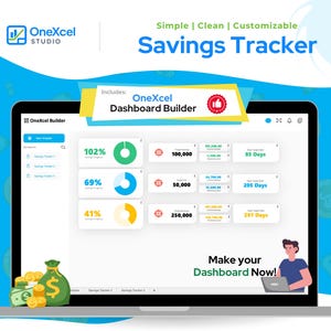 May include: A laptop screen shows a savings tracker dashboard with charts and financial data. The interface includes the text "Savings Tracker" and "Make your Dashboard Now!" in a blue and white colour scheme. A money bag and coins are in the foreground.