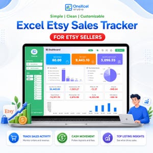 Könnte beinhalten: Ein digitales Excel Etsy-Verkaufs-Dashboard auf einem Laptop-Bildschirm. Die Benutzeroberfläche zeigt farbenfrohe Diagramme, Grafiken und Finanzdatentabellen zur Nachverfolgung von Bestellungen, Nettoeinkommen und Bankeinzahlungen.