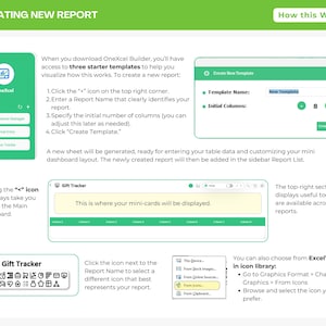 Peut inclure: Un graphique p&eacute;dagogique intitul&eacute; Creating New Report avec une en-t&ecirc;te verte. Il affiche des captures d'&eacute;cran de l'interface du logiciel OneXcel Builder, incluant une liste de rapports, une fen&ecirc;tre de cr&eacute;ation et une vue du tableau de bord.