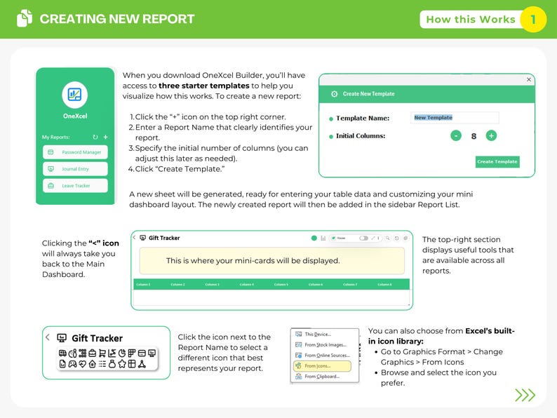 Peut inclure: Un graphique p&eacute;dagogique intitul&eacute; Creating New Report avec une en-t&ecirc;te verte. Il affiche des captures d'&eacute;cran de l'interface du logiciel OneXcel Builder, incluant une liste de rapports, une fen&ecirc;tre de cr&eacute;ation et une vue du tableau de bord.