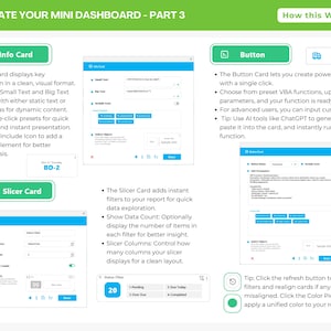 Peut inclure: Une infographie p&eacute;dagogique intitul&eacute;e UPDATE YOUR MINI DASHBOARD - PART 3, avec des en-t&ecirc;tes verts et du texte blanc. Elle d&eacute;taille les composants Info Card, Slicer Card et Button avec des captures d'&eacute;cran et des listes &agrave; puces.