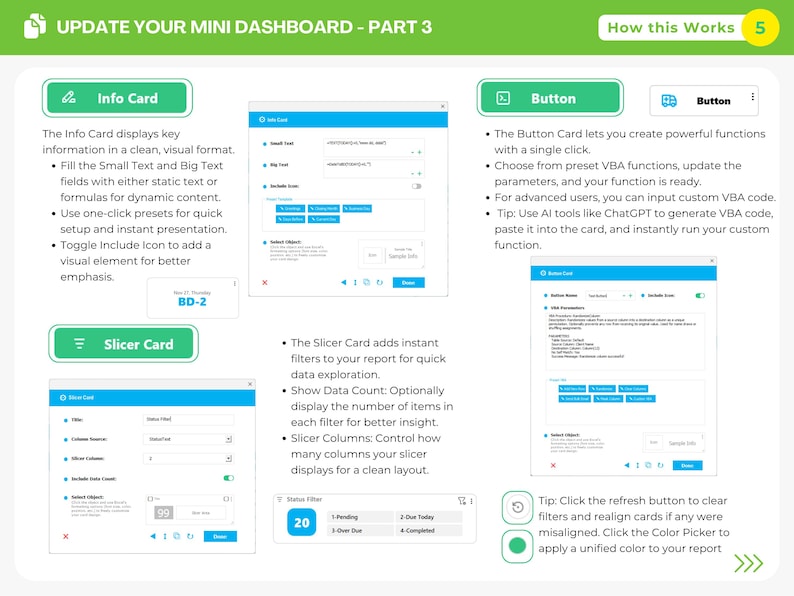 Peut inclure: Une infographie p&eacute;dagogique intitul&eacute;e UPDATE YOUR MINI DASHBOARD - PART 3, avec des en-t&ecirc;tes verts et du texte blanc. Elle d&eacute;taille les composants Info Card, Slicer Card et Button avec des captures d'&eacute;cran et des listes &agrave; puces.