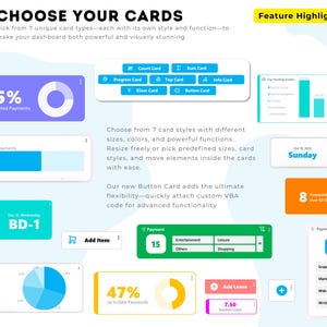 Peut inclure: Une interface de tableau de bord num&eacute;rique pr&eacute;sentant sept types de cartes distincts, incluant des barres de progression, des graphiques circulaires et des listes de donn&eacute;es en bleu, vert, orange et jaune, avec des textes comme Choose Your Cards.