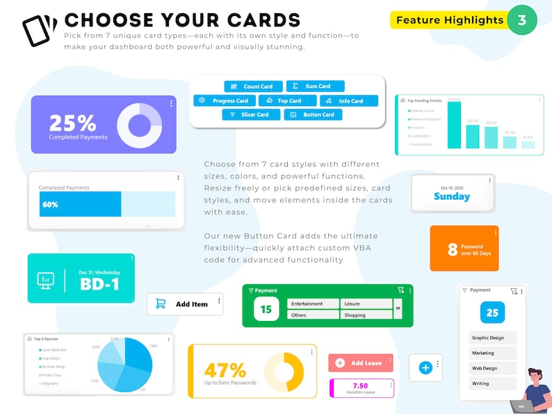 Peut inclure: Une interface de tableau de bord num&eacute;rique pr&eacute;sentant sept types de cartes distincts, incluant des barres de progression, des graphiques circulaires et des listes de donn&eacute;es en bleu, vert, orange et jaune, avec des textes comme Choose Your Cards.