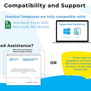 Peut inclure: Un graphique informatif intitul&eacute; Compatibility and Support pour les mod&egrave;les OneXcel. Il indique la compatibilit&eacute; avec Microsoft Excel 2021 et 365, montre la prise en charge des plateformes Windows et Mac, et explique comment obtenir de l'aide.