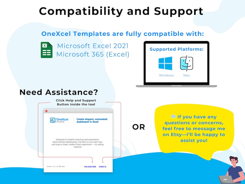 Peut inclure: Un graphique informatif intitul&eacute; Compatibility and Support pour les mod&egrave;les OneXcel. Il indique la compatibilit&eacute; avec Microsoft Excel 2021 et 365, montre la prise en charge des plateformes Windows et Mac, et explique comment obtenir de l'aide.