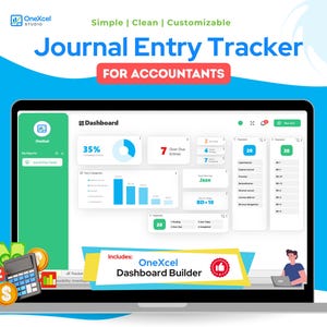 以下が含まれることがあります： 会計ソフトウェアのダッシュボードインターフェースを表示するラップトップの画面。画面には、パーセンテージや財務指標を含むグラフや数値データが表示されます。画面のテキストは「Journal Entry Tracker FOR ACCOUNTANTS」と「OneXcel Dashboard Builder」です。