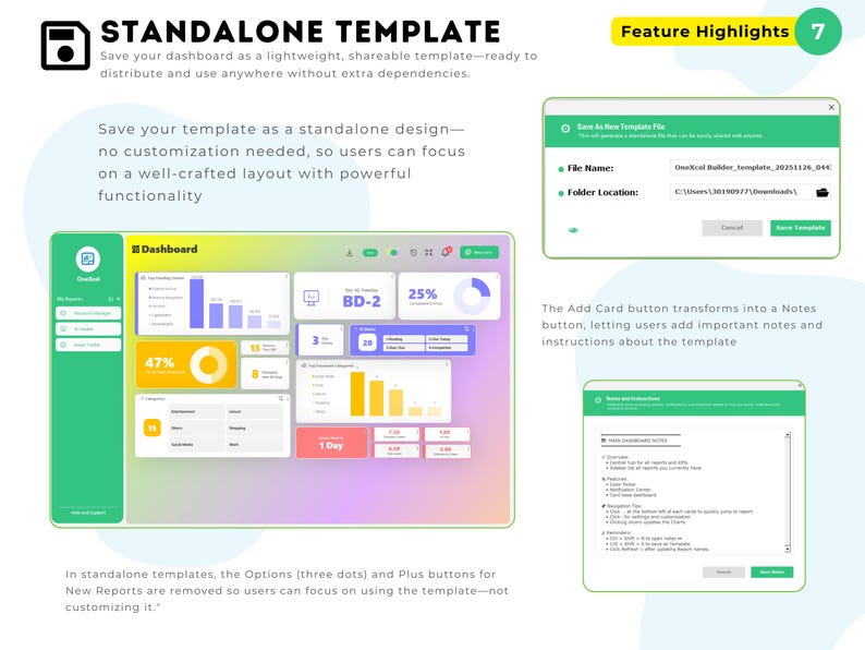 Peut inclure: Une interface de tableau de bord num&eacute;rique avec un arri&egrave;re-plan d&eacute;grad&eacute;, divers graphiques de visualisation de donn&eacute;es et des cartes. L'image comprend une bo&icirc;te de dialogue Enregistrer sous et une fen&ecirc;tre Notes et instructions avec du texte.