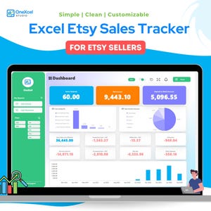 May include: A laptop screen displaying an Excel Etsy Sales Tracker dashboard. The interface shows sales data with charts and graphs. Text includes "Simple | Clean | Customizable" and "FOR ETSY SELLERS."