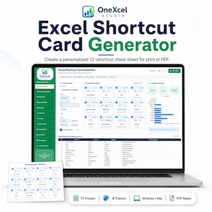 Puede incluir: Una pantalla de portátil que muestra la interfaz del generador de tarjetas de atajos de Excel OneXcel Studio, con una barra lateral verde, una cuadrícula de botones de atajos y una tabla. Una versión impresa se sitúa en primer plano.
