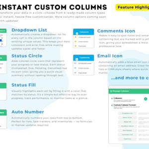 Peut inclure: Une infographie intitul&eacute;e Instant Custom Columns pr&eacute;sentant six fonctionnalit&eacute;s logicielles : Dropdown List, Comments Icon, Status Circle, Email Icon, Status Fill et Auto Number. Chaque section inclut un exemple visuel de l'interface.