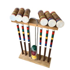 Vintage Wooden Croquet Game Set and Holder- 10 Pieces