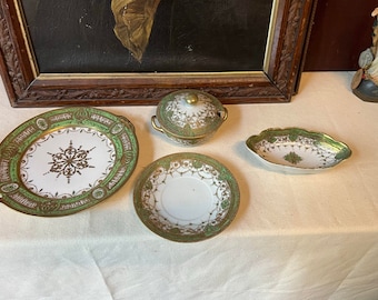 Cripple Creek Antique Nippon Hand Painted Green and White With Gold Moriage