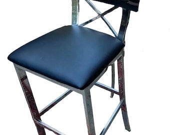 Single Vintage Black Leather and Chrome Bar Stool