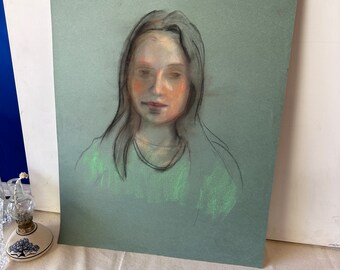 Large Bright and Bold Pastel and Pencil, Sketch of Woman