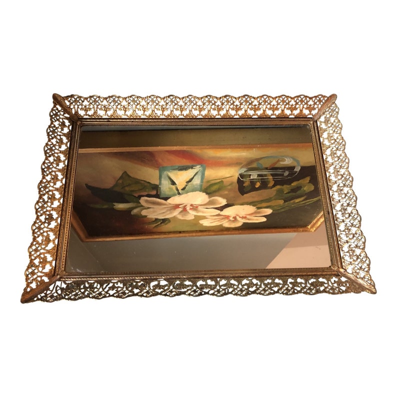 Vintage Brass Filigree Mirror Tray Image 0