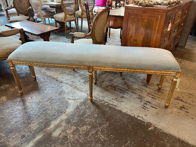 Long Gilded Gold Wooden Bench With a Light Blue Velvet Cushion - Etsy