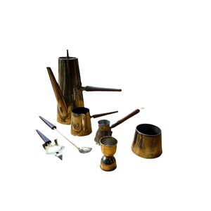Vintage Wooden and Brass Coffee Set