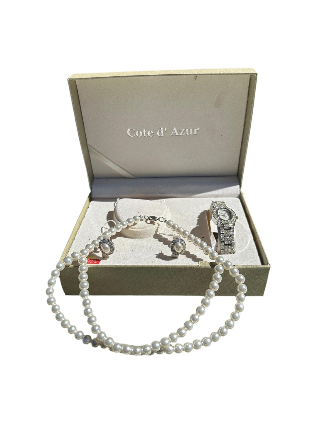 Cote D Azue Collection of Pearl Necklace, Earrings, and Watch - Etsy