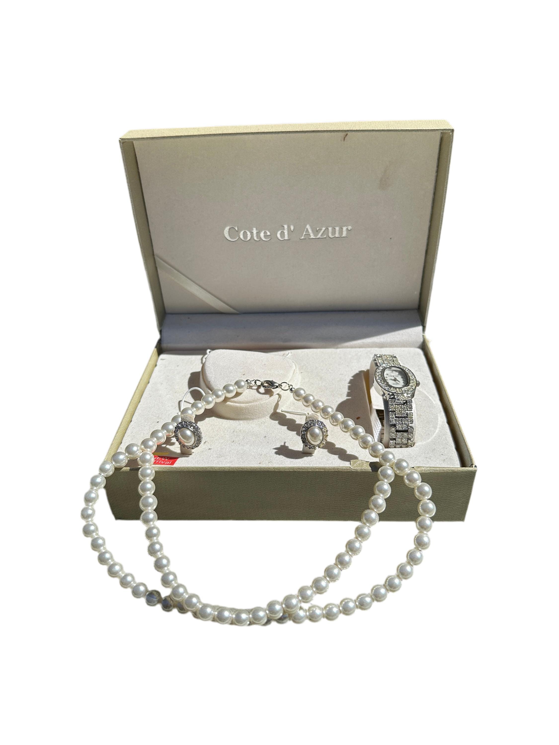 Cote D Azue Collection of Pearl Necklace, Earrings, and Watch