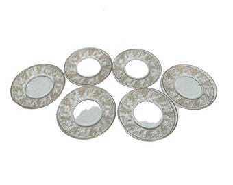 Juego de 6 platos de cristal Fostoria, colección Versalles amarillo con detalles dorados.