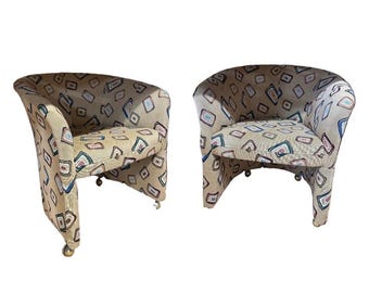 Pair of Fun Design Covered Tan Chairs on Wheels- Missing 1 Wheel