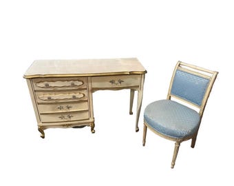Vintage Regency White Wooden Desk With Gold Accents and Matching Chair- Needs Reupholstery