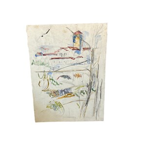 Puede incluir: Una pintura de acuarela de un edificio con un techo rojo y una torre alta. El edificio est&aacute; rodeado de &aacute;rboles y arbustos. La pintura est&aacute; hecha en un estilo suelto e impresionista.