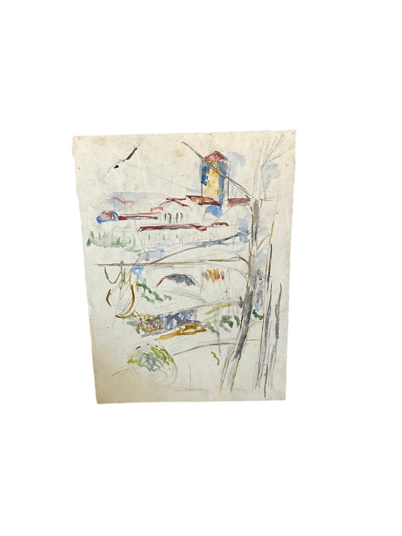 Puede incluir: Una pintura de acuarela de un edificio con un techo rojo y una torre alta. El edificio est&aacute; rodeado de &aacute;rboles y arbustos. La pintura est&aacute; hecha en un estilo suelto e impresionista.