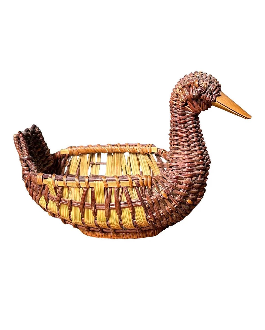Ancienne Corbeille En Osier Tressé - Forme Canard - Fait Main - Déco Traditionnelle