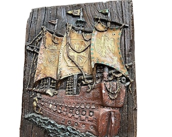1970s Chalkware Boat Scene Piece of Art