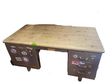 Vintage Industrial Metal Desk With Wooden Top- Stickers Included