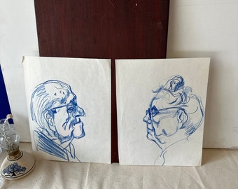 Pair of Blue Color Pencil Drawings of Elderly Couple
