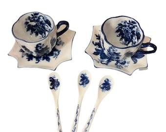 Collection of Blue and White Floral Teacups, Saucers, and Spoons- Set of 7