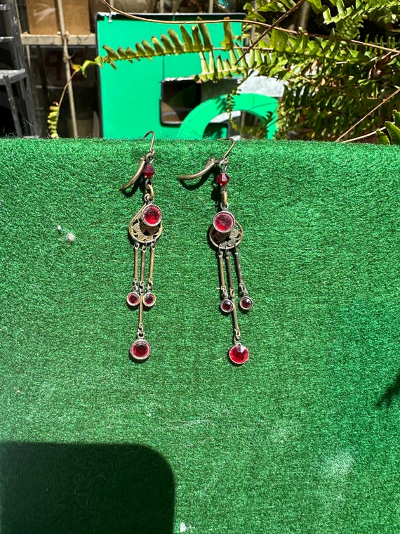 Pair of Gold and Red Gem Earrings