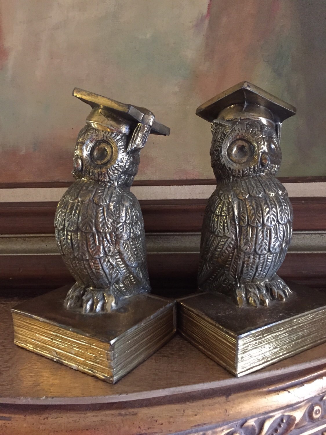 Brass owl bookends. With graduation cap. Heavy. Vintage. Etsy
