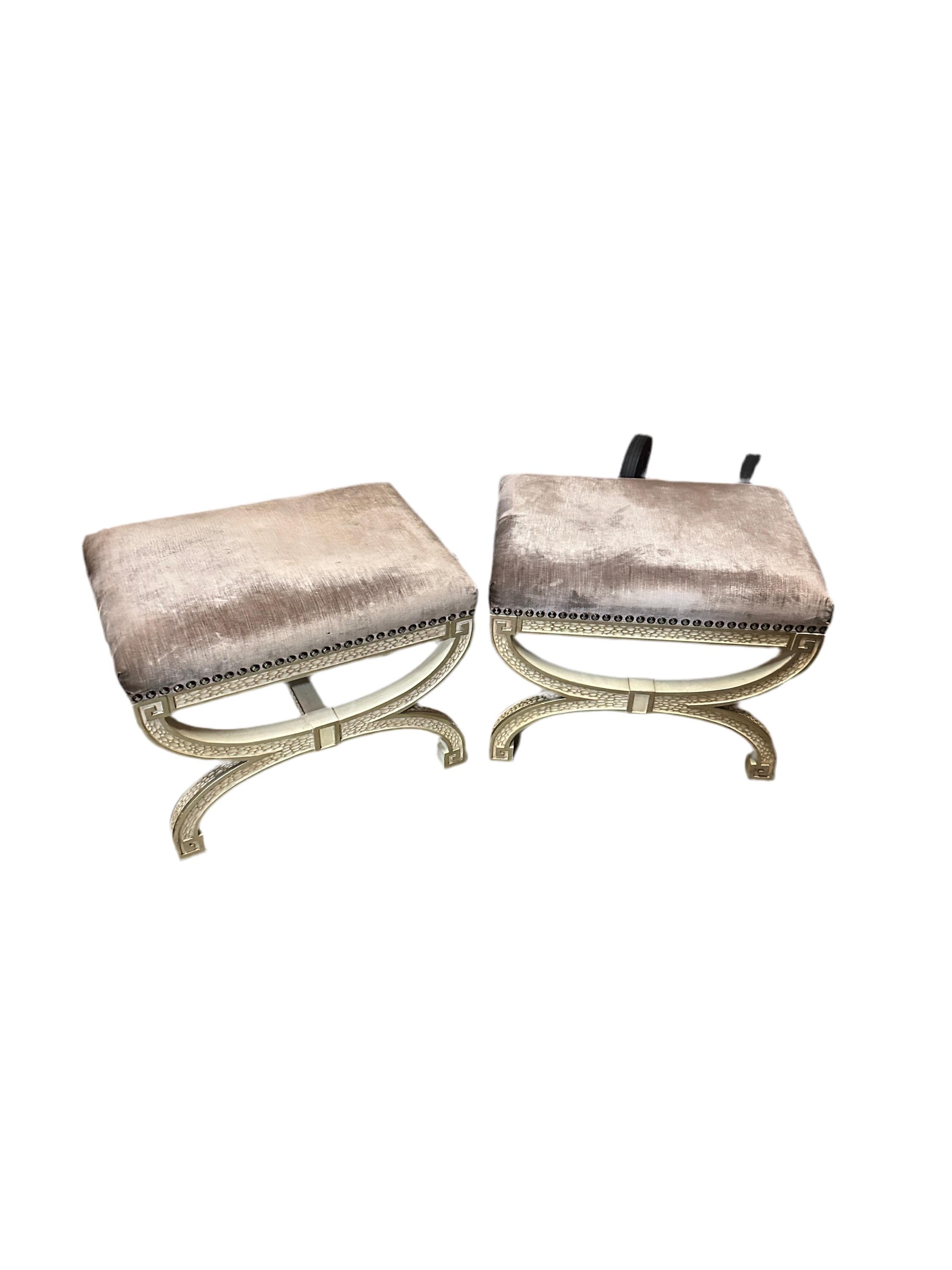 Pair of X Base Gray Velvet Ottomans