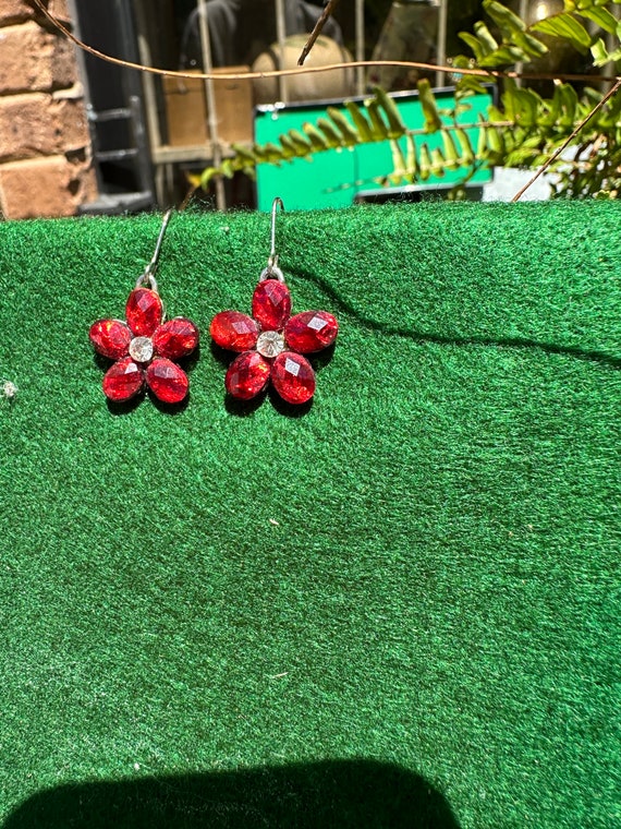 Pair of Red Gem and Diamond Flower Earrings - image 4