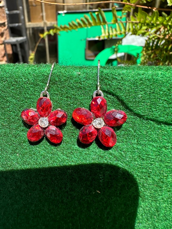 Pair of Red Gem and Diamond Flower Earrings - image 5