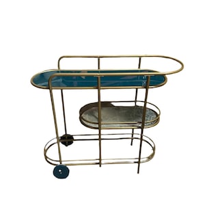 Blue Glass and Gold Painted Bar Cart