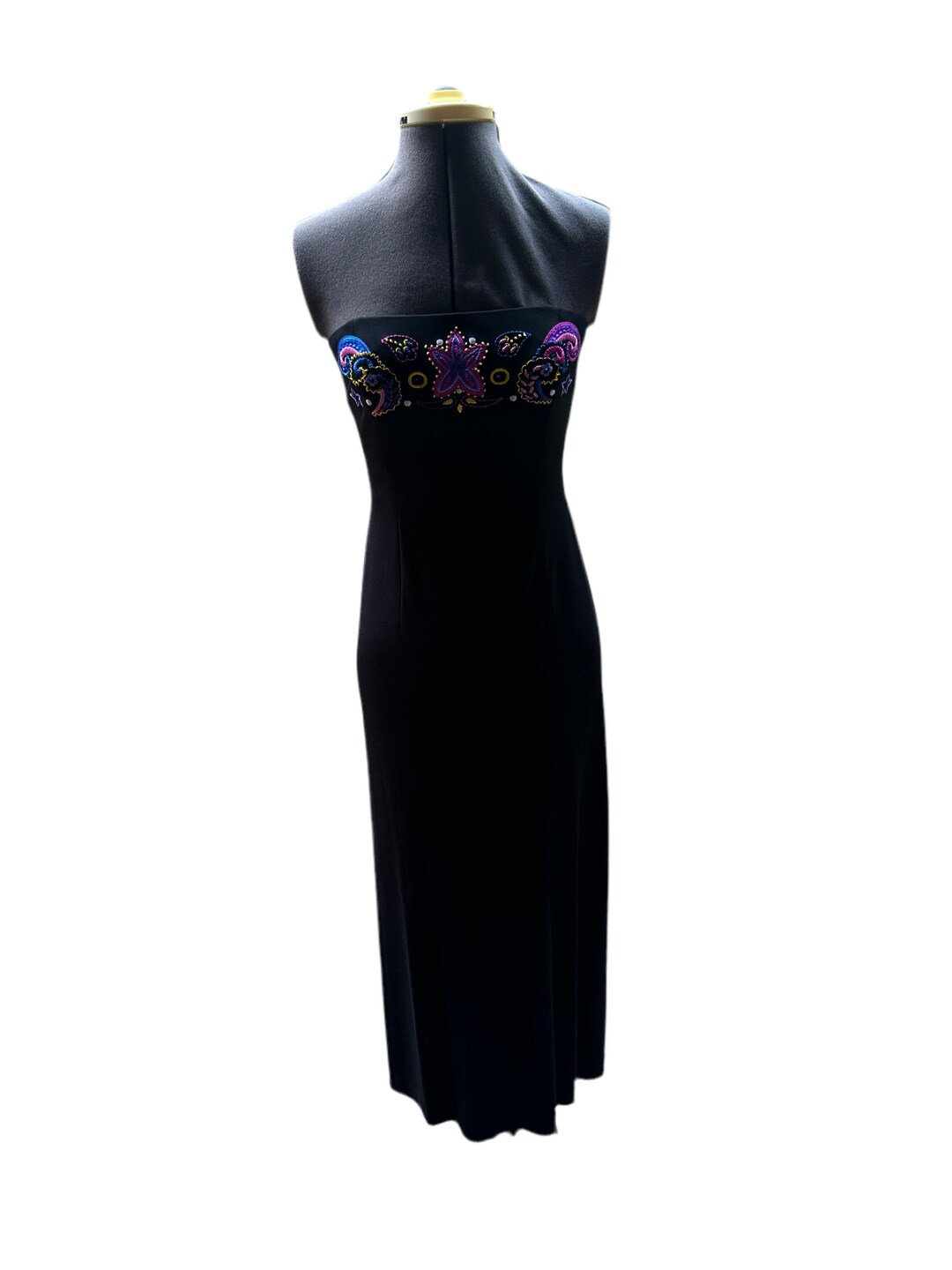90's Strapless Black Dress With Floral Embroidery- Size 4