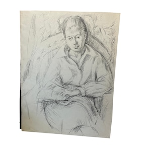Black-And-White Portrait, Pencil, Sketch of Woman Sitting Down