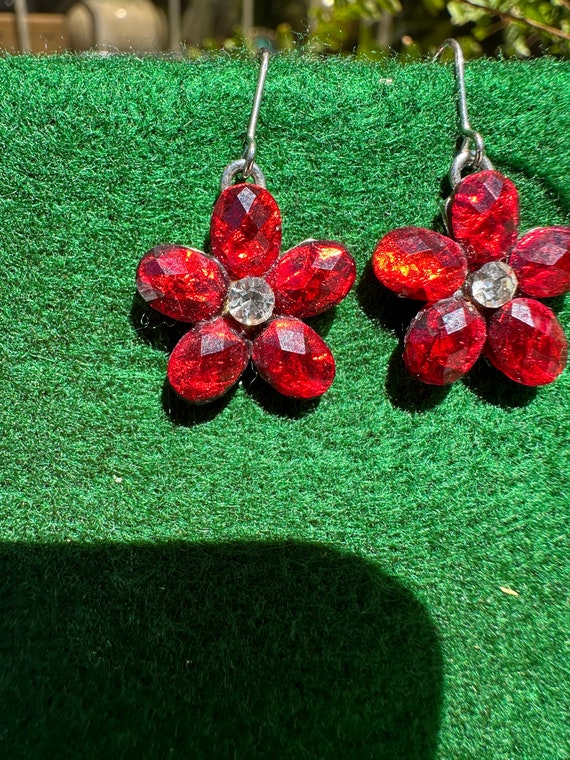 Pair of Red Gem and Diamond Flower Earrings - image 6