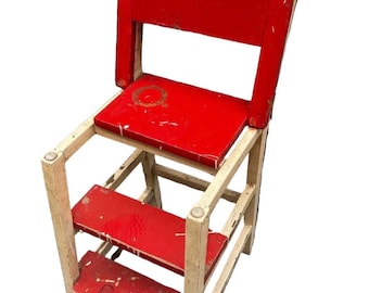 Red Wooden Vintage Step Stool Convertible Chair