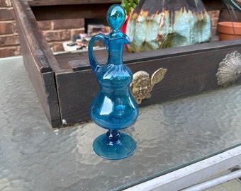 Petite Handblown Blue Glass Decanter With Top