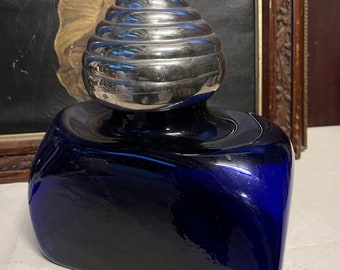 French Blue Biomorphic Glass Bottle With Silver Top