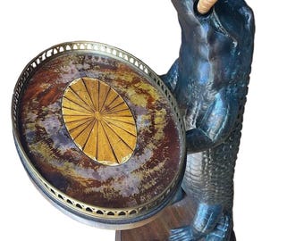 Hand Carved Solid Wood Standing Smoking Alligator Holding Tray With Brass Accents Side Table