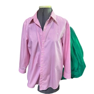 90&#39;s Ralph Lauren Pink and White Striped Button Down Shirt With 3/4 Length Sleeves, Size L